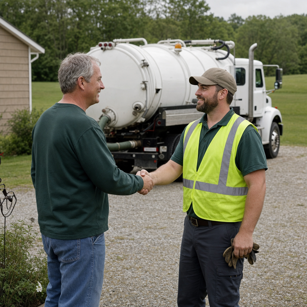 A septic technician shaking a Miramar homeowner's hand beside the service truck after a completed pump-out