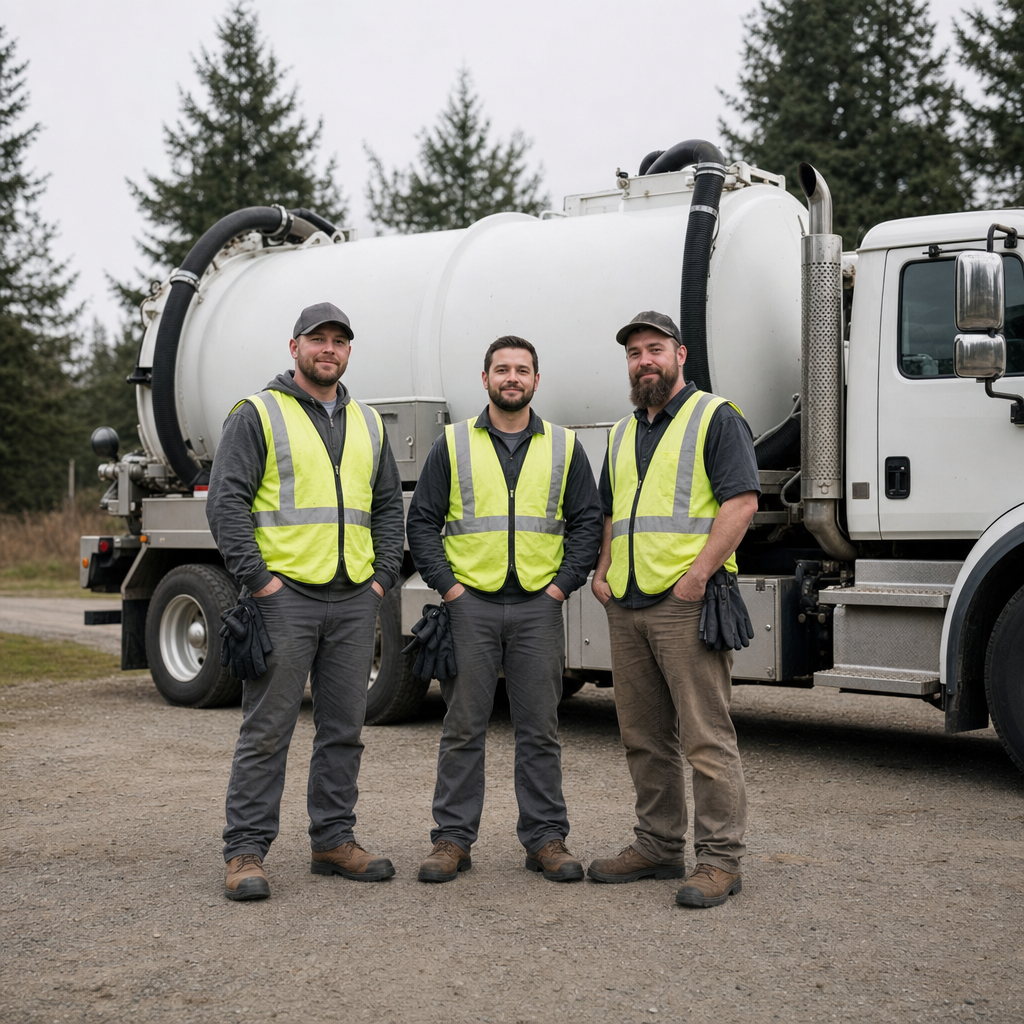 The Miramar septic pumping crew standing together beside their clean white vacuum truck on a residential street