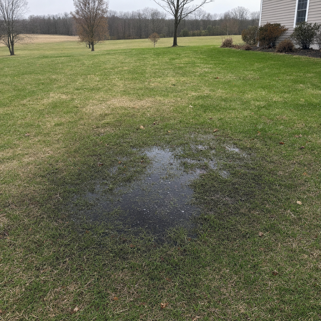 A dark, saturated wet spot in a Miramar backyard lawn marking a failing cesspool at capacity