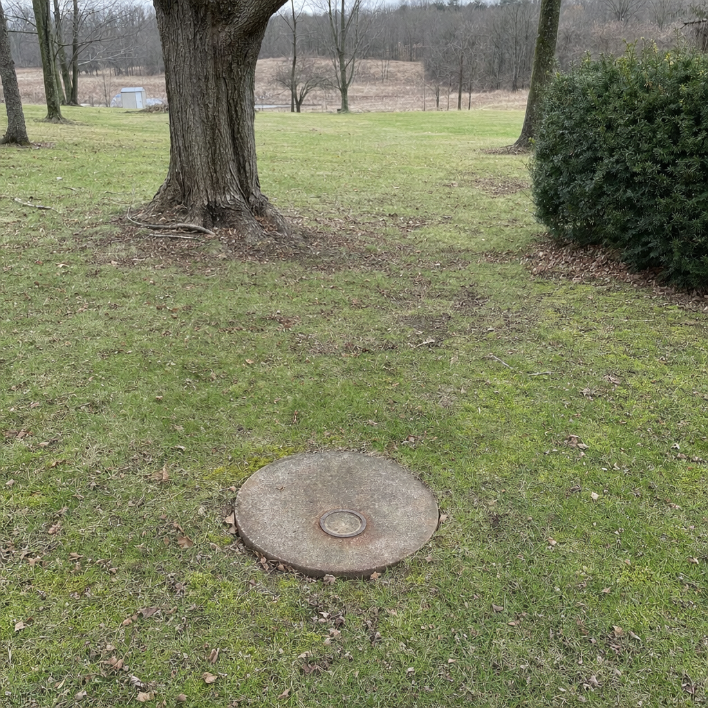 An older round cesspool access lid set flush in an established, mature Miramar backyard lawn