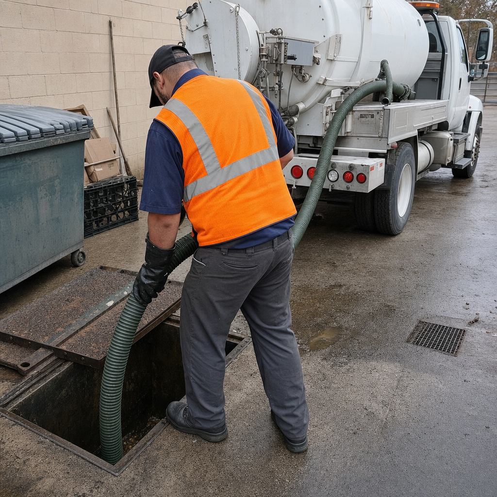 Technician pumping a grease trap behind a Miramar restaurant