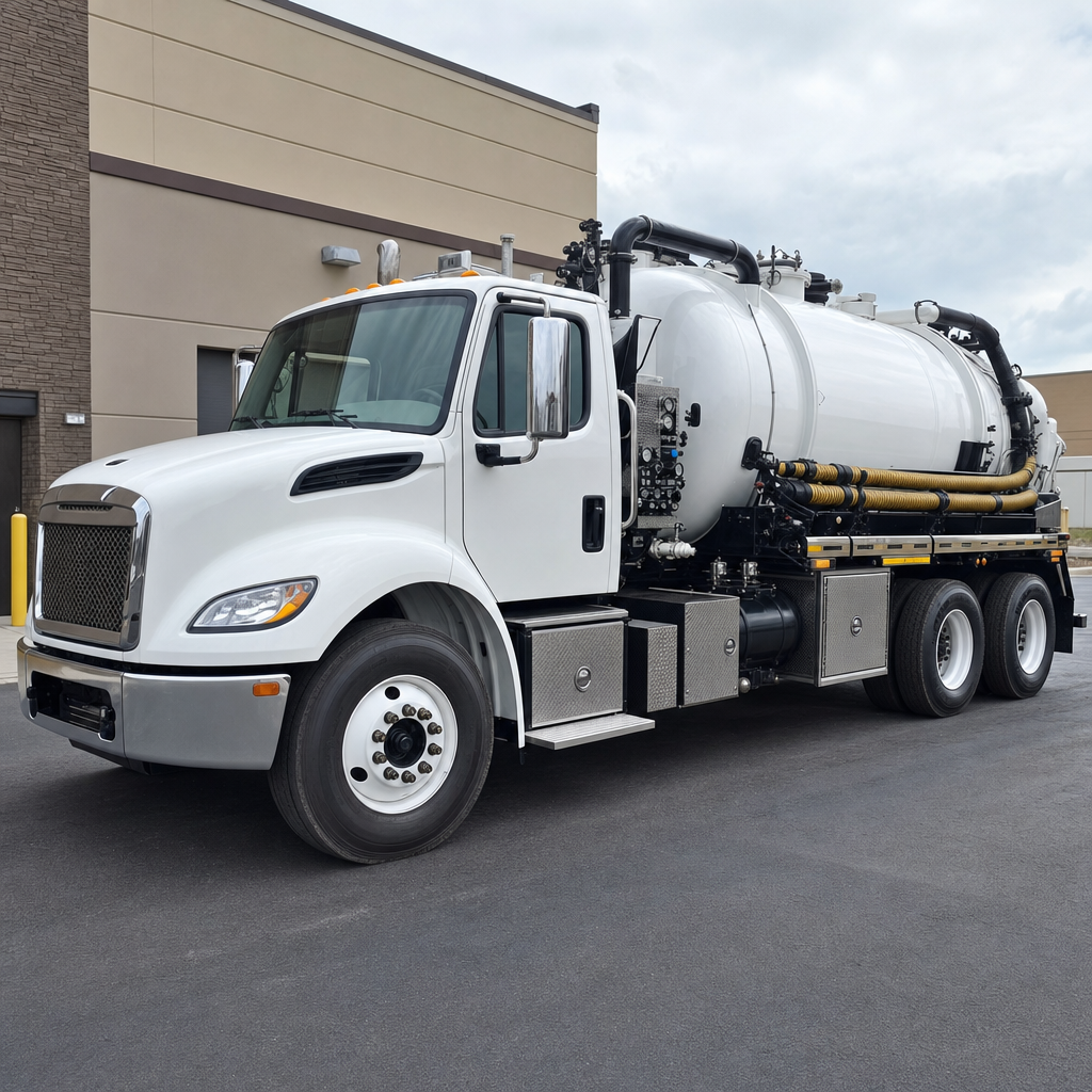 Commercial septic vacuum truck parked in a Miramar business parking lot