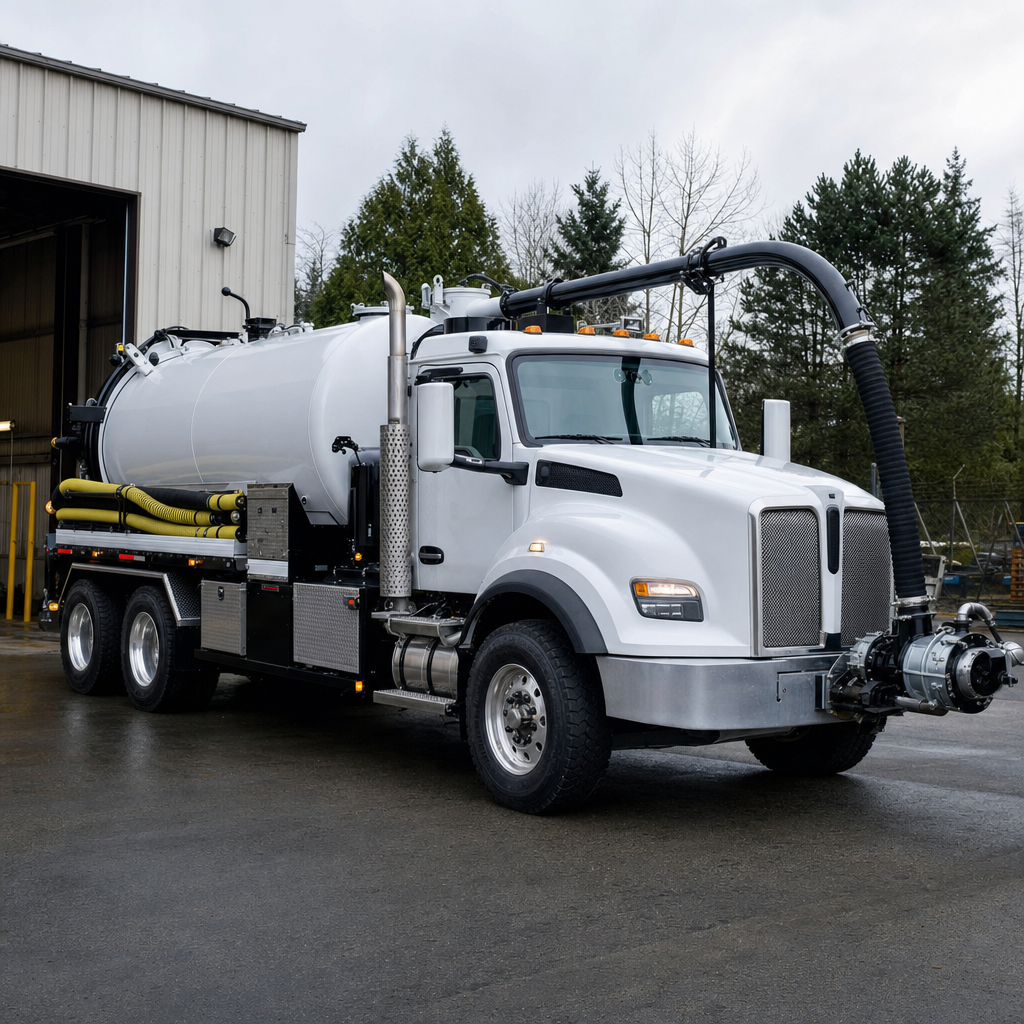 A clean white septic vacuum truck rolling out of a tidy Miramar service depot at the start of the day