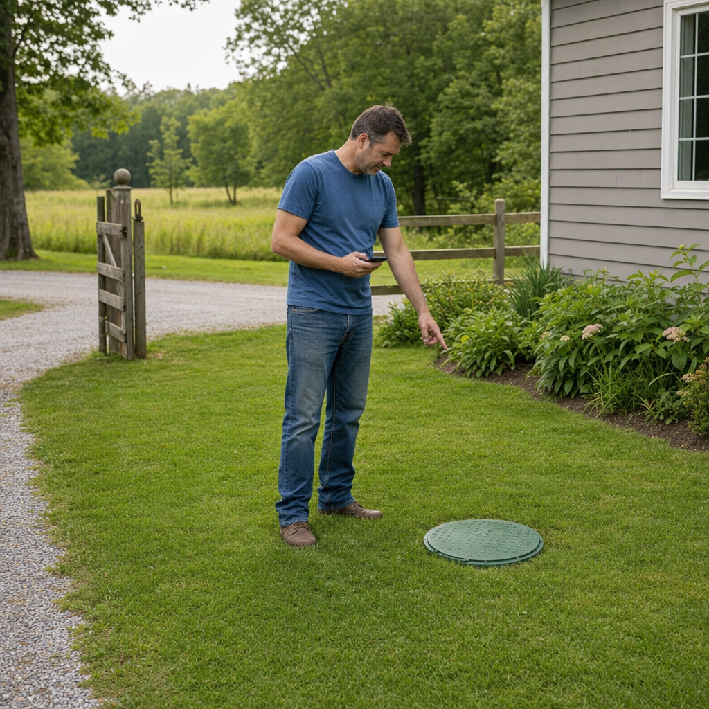 A Miramar-area homeowner standing in the backyard noting where the septic tank lid and access route are located