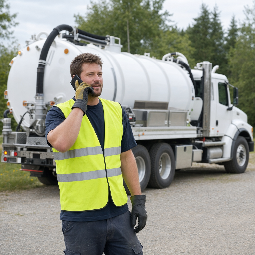 A friendly septic dispatcher holding a phone, ready to answer a Miramar homeowner's call about a pump-out