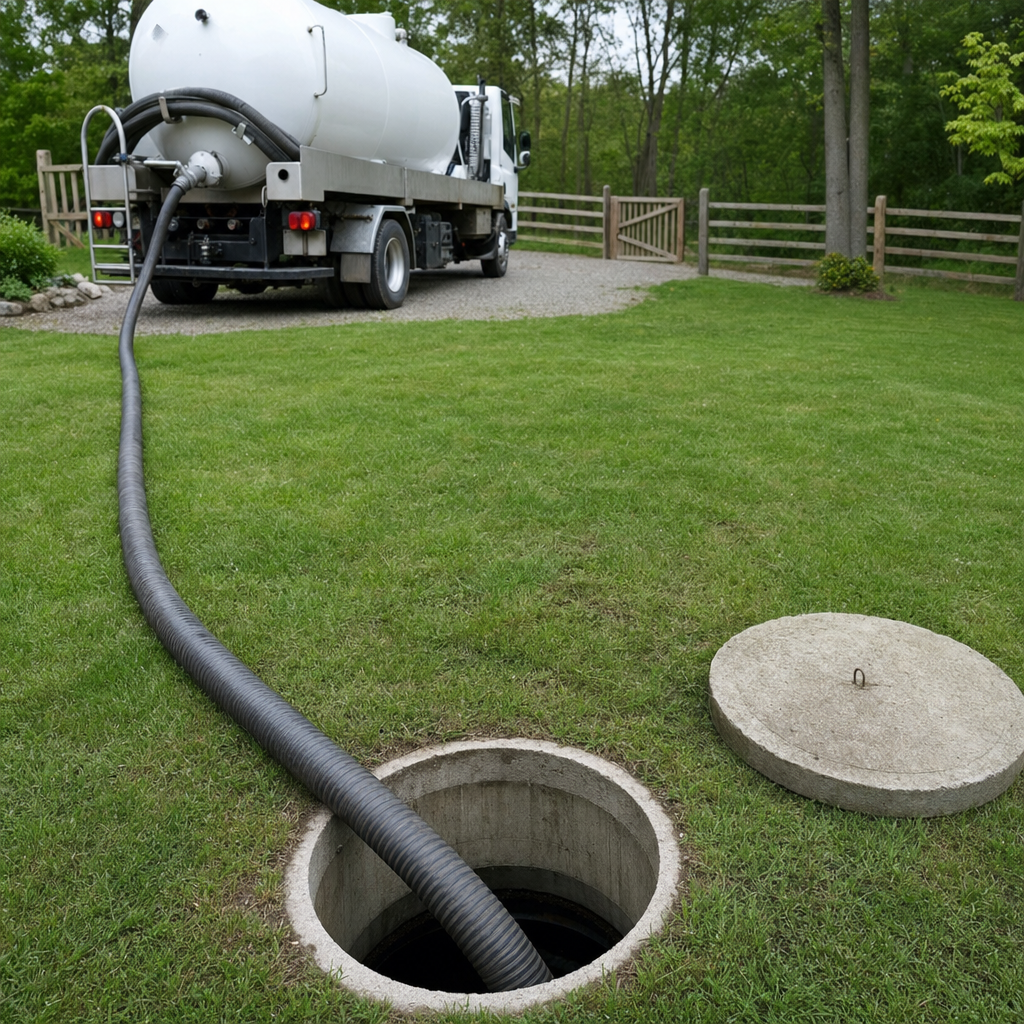 Suction hose connected to an open septic tank, drawing it down in a tidy Miramar yard