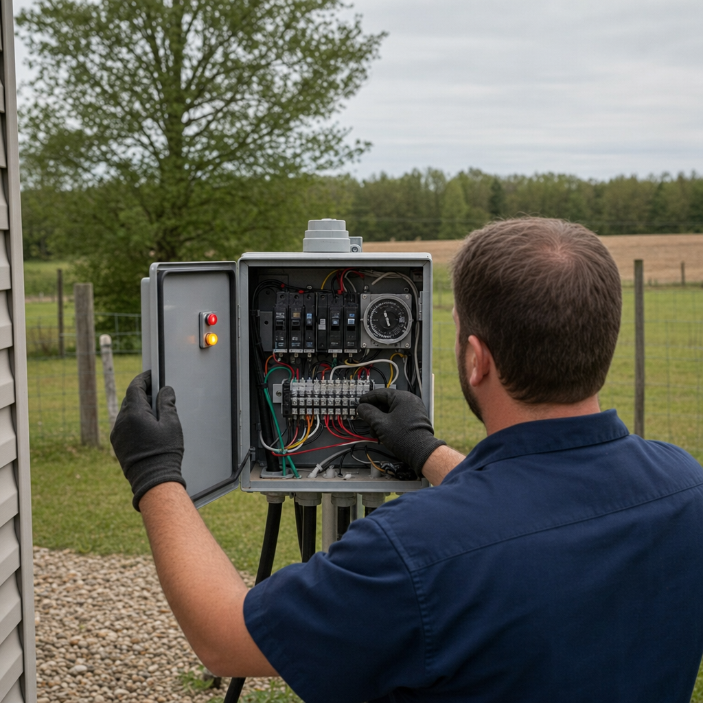 Technician checking an aerobic septic control box with a lit red high-water alarm during a same-day Miramar visit