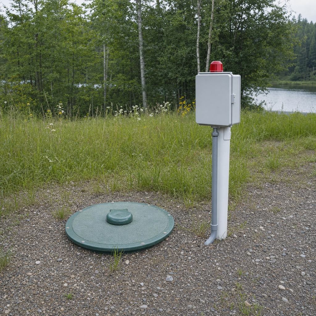 A wastewater holding tank access lid set in the ground at a rural Miramar-area cabin, with a mounted high-level float alarm panel nearby