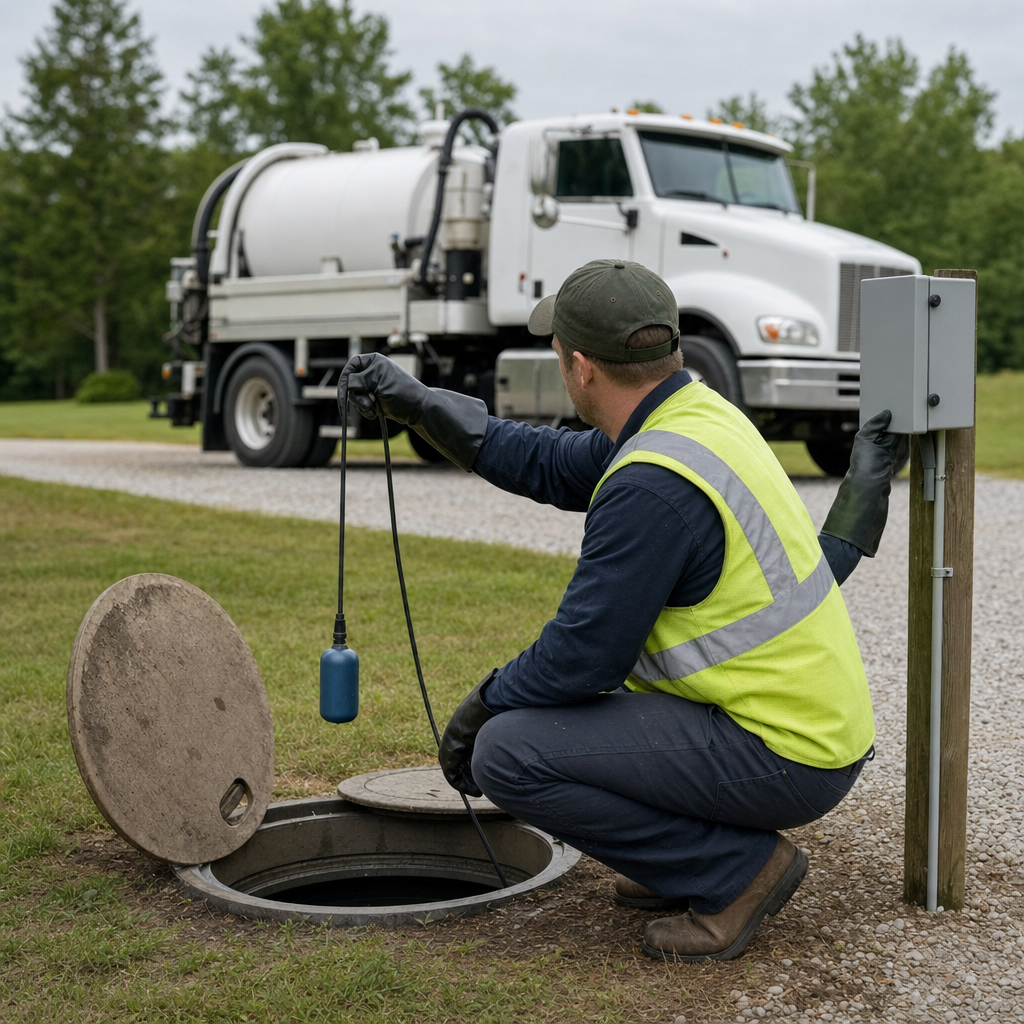 A septic technician in a high-visibility vest checking a high-level float switch and alarm panel on a holding tank at a rural Miramar-area site