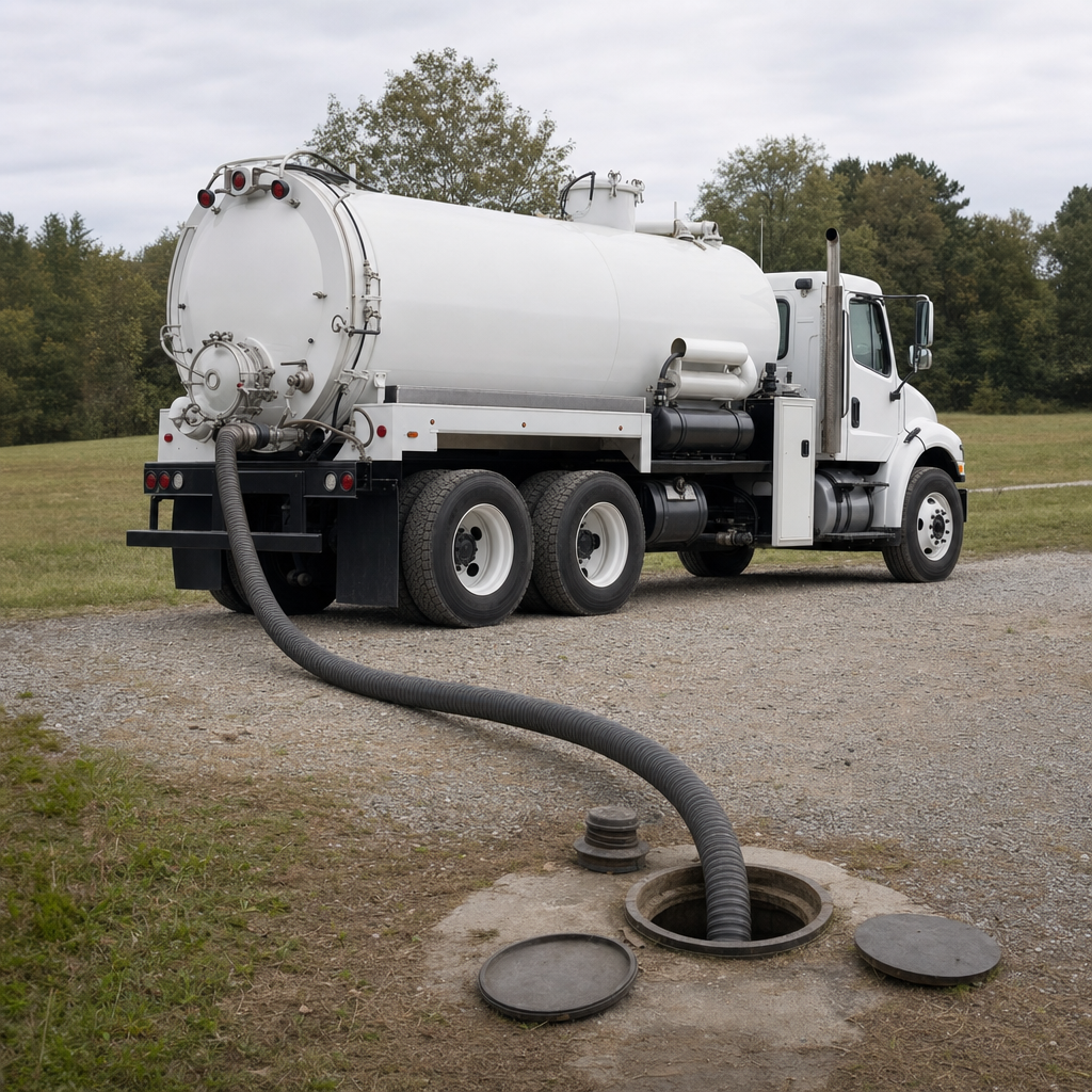 An unmarked white vacuum truck emptying a wastewater holding tank on a scheduled visit at a rural Miramar-area property, thick suction hose running to the tank lid