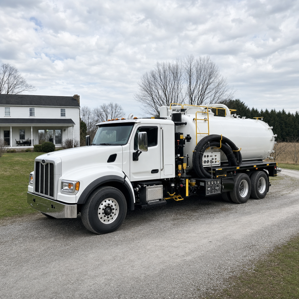 A clean white septic vacuum truck parked on a tidy Miramar driveway with the suction hose neatly coiled