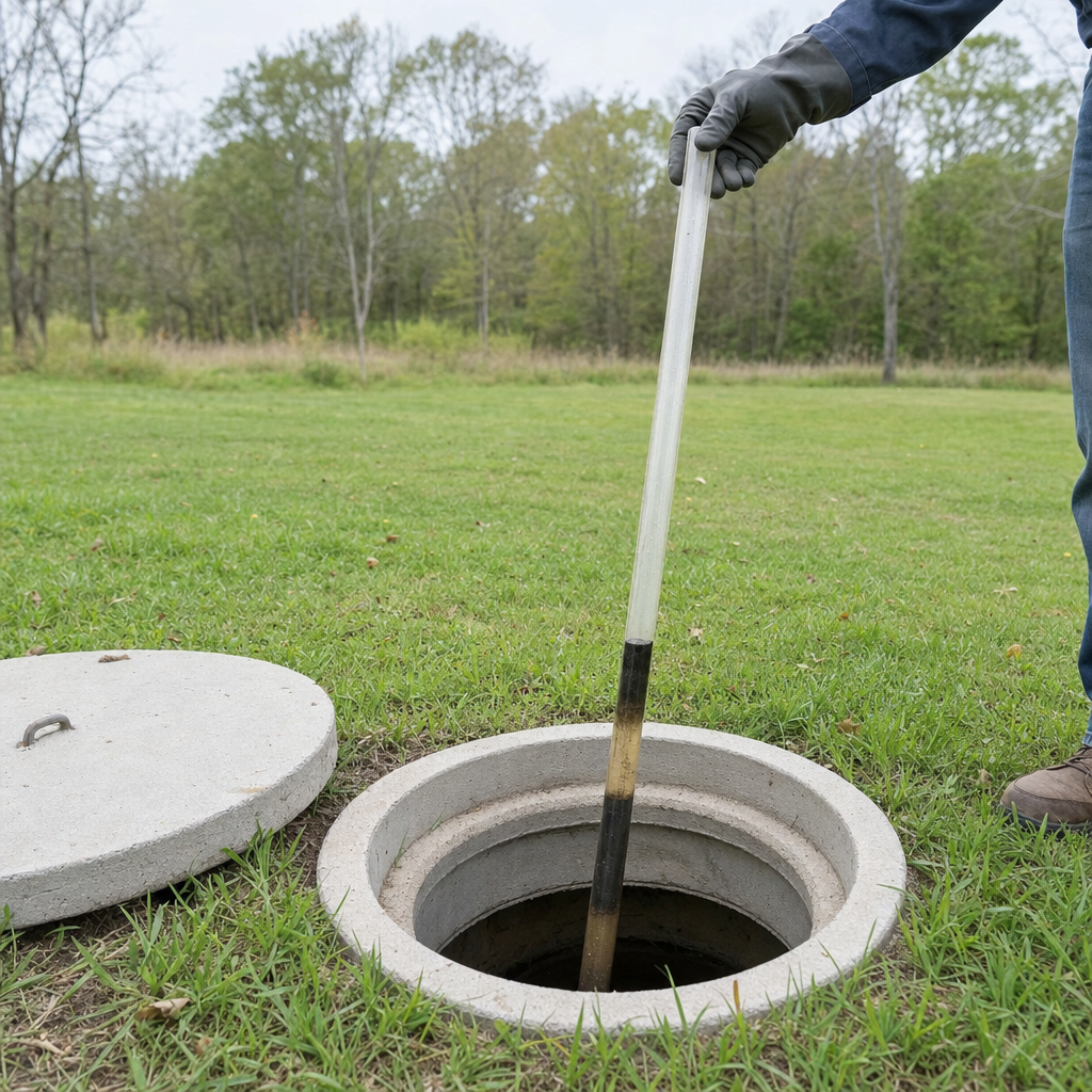 A septic sludge-judge measuring stick lowered into an open Miramar septic tank to read the depth of the sludge and scum layers before deciding whether a pump-out is due