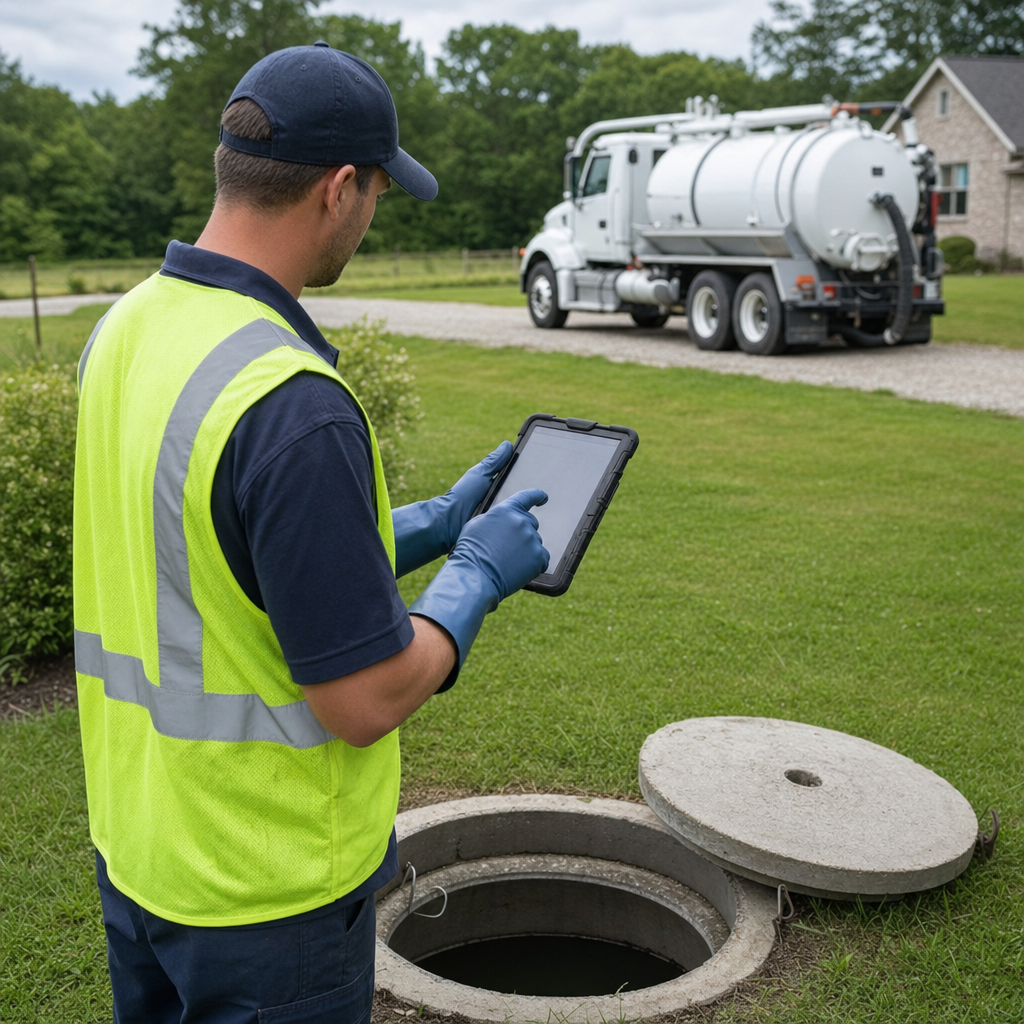 A septic technician recording a Miramar home's pump-out date and tank condition on a tablet beside an open access lid, tracking the service history that sets the next due date