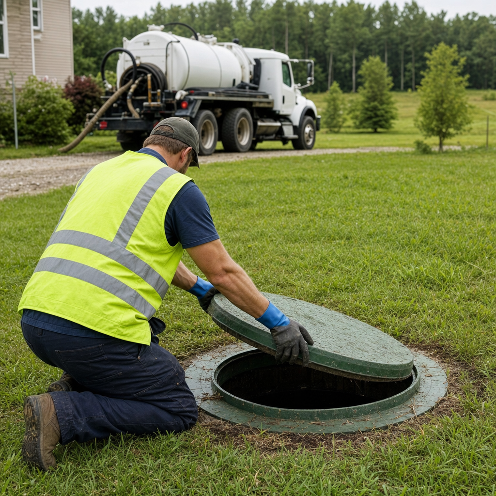 Septic technician kneeling on a Miramar lawn, lifting the access lid on a residential septic tank