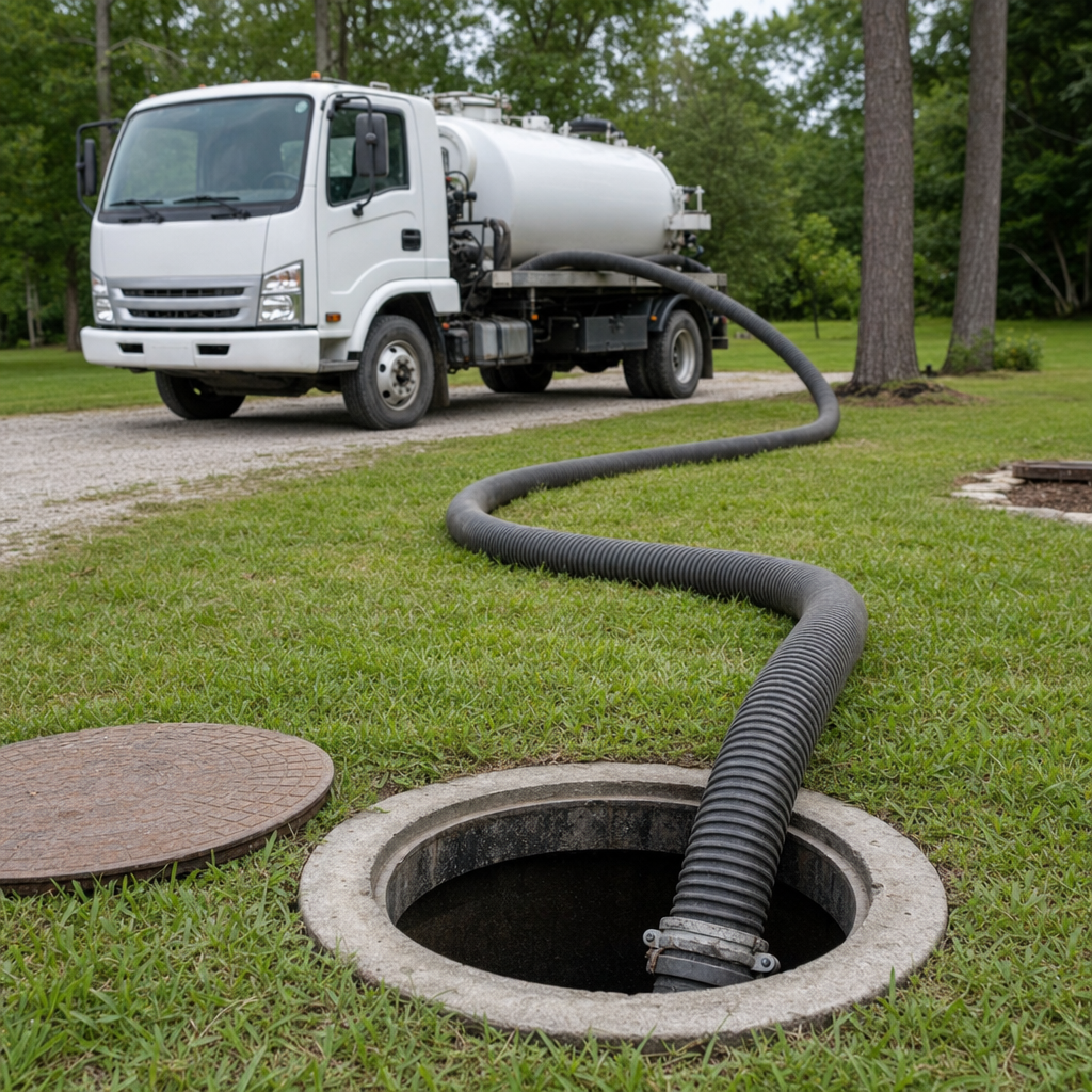 Thick ribbed suction hose lowered into a clean open septic tank port on a tidy Miramar backyard lawn