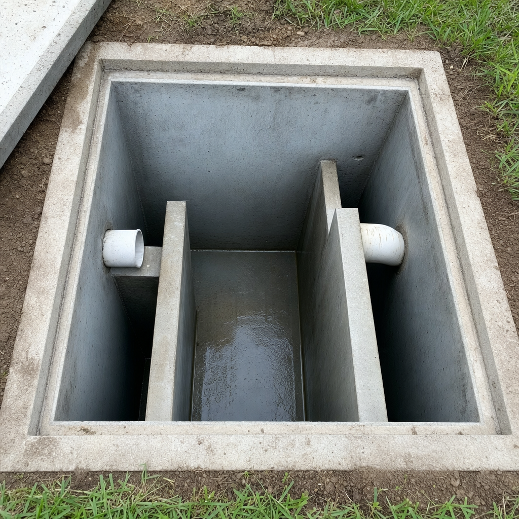 Inspection of the concrete baffles inside an open, emptied and freshly cleaned Miramar septic tank