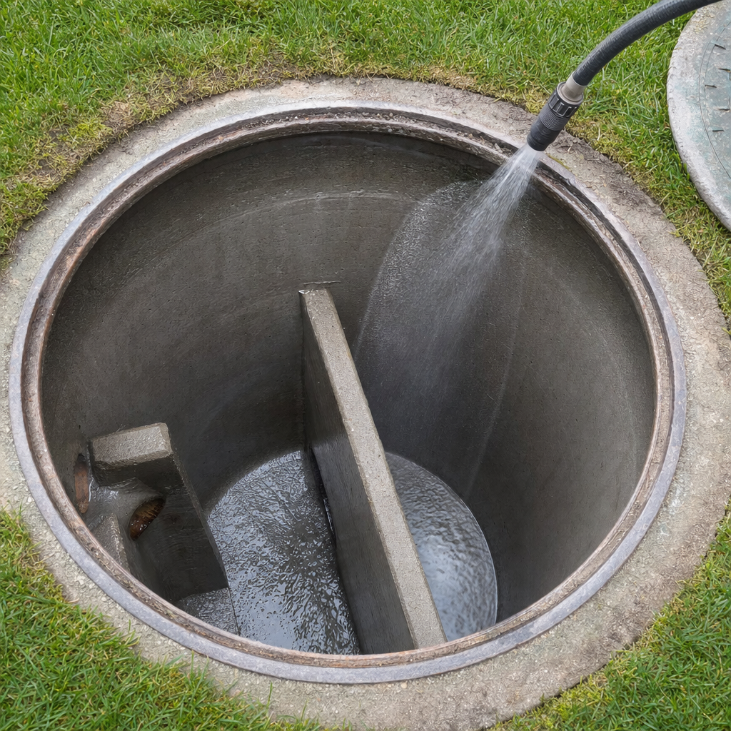 Interior concrete walls of an emptied Miramar septic tank being rinsed clean with the truck's onboard water hose