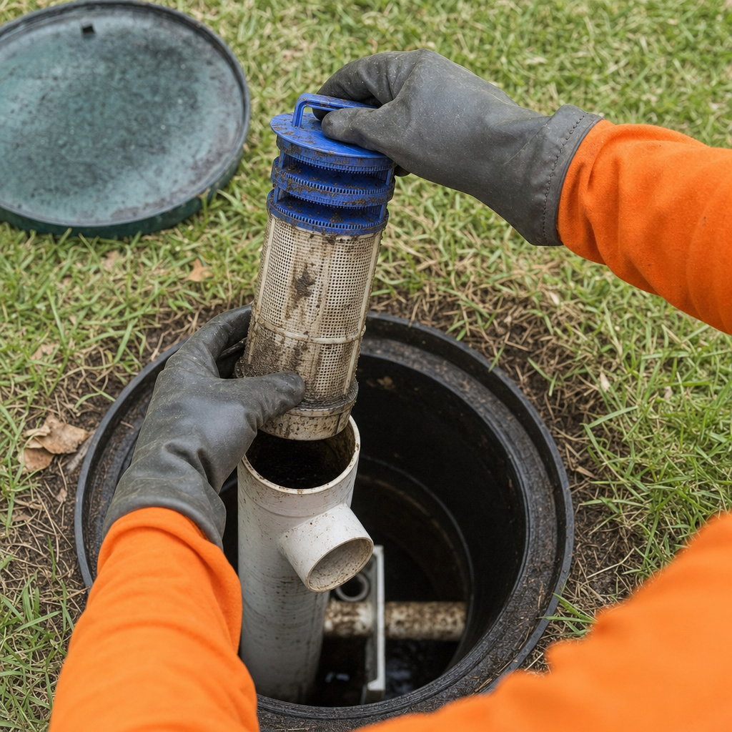 Septic technician's gloved hands lifting the effluent filter cartridge out of the outlet housing on a Miramar septic tank