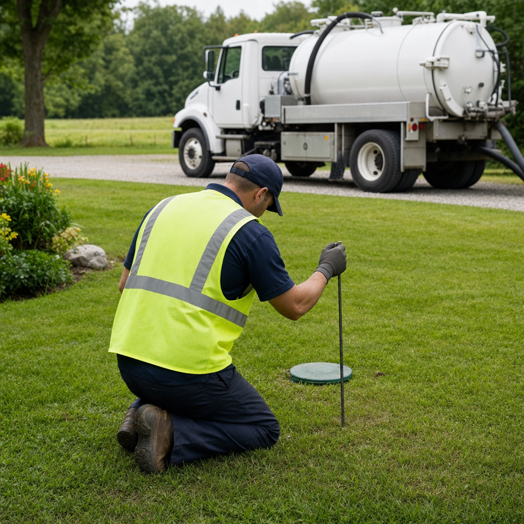 Septic technician kneeling on a Miramar lawn, probing to locate and measure the depth of a buried septic tank lid before pumping