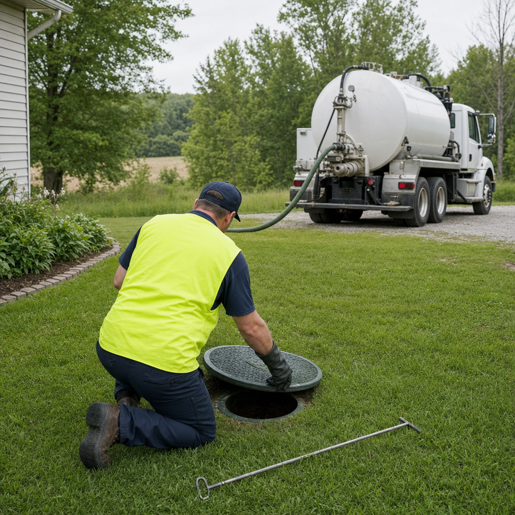 Septic technician kneeling on a Miramar lawn, lifting the buried access lid on a residential septic tank