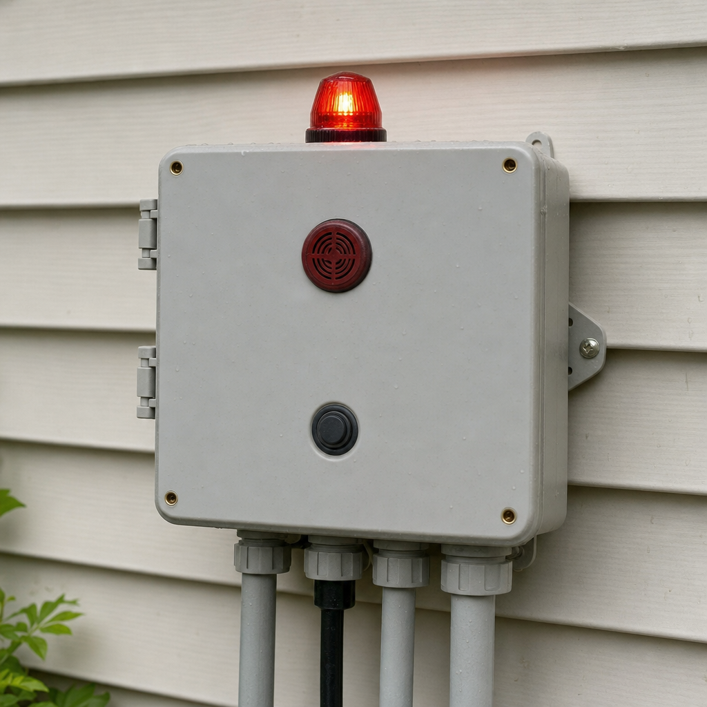 An aerobic septic system control panel mounted outside a Miramar home with its red high-water alarm light lit