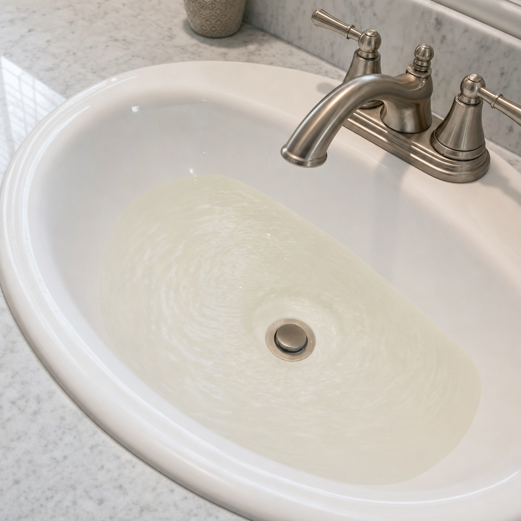 A bathroom sink draining slowly with water pooled in the basin, an early warning sign that a Miramar septic tank is full